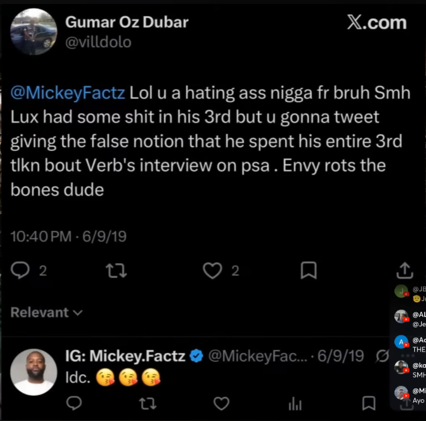 Mickey Factz tweet reply, June 9 2019: Idc with three kiss emojis